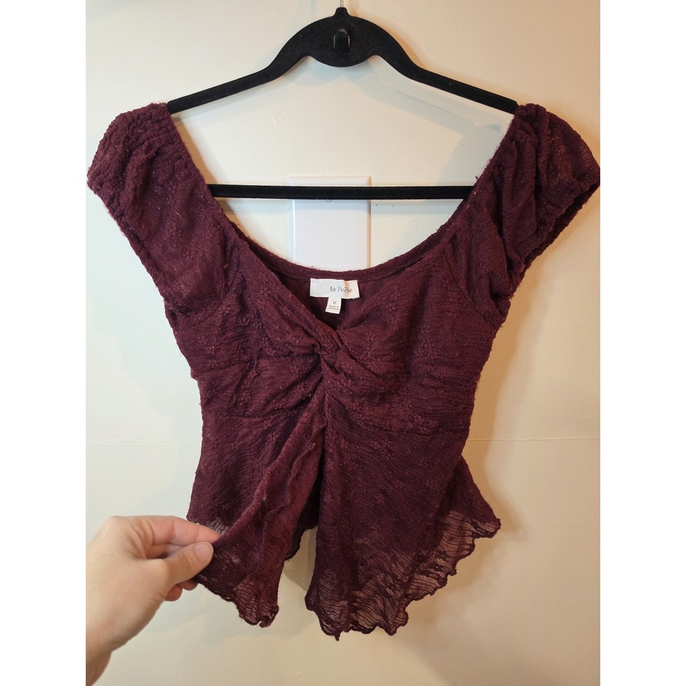 Split Front Burgundy Sheer Mesh Ruched Front Top Womens MD Fairycore Whimsigoth
